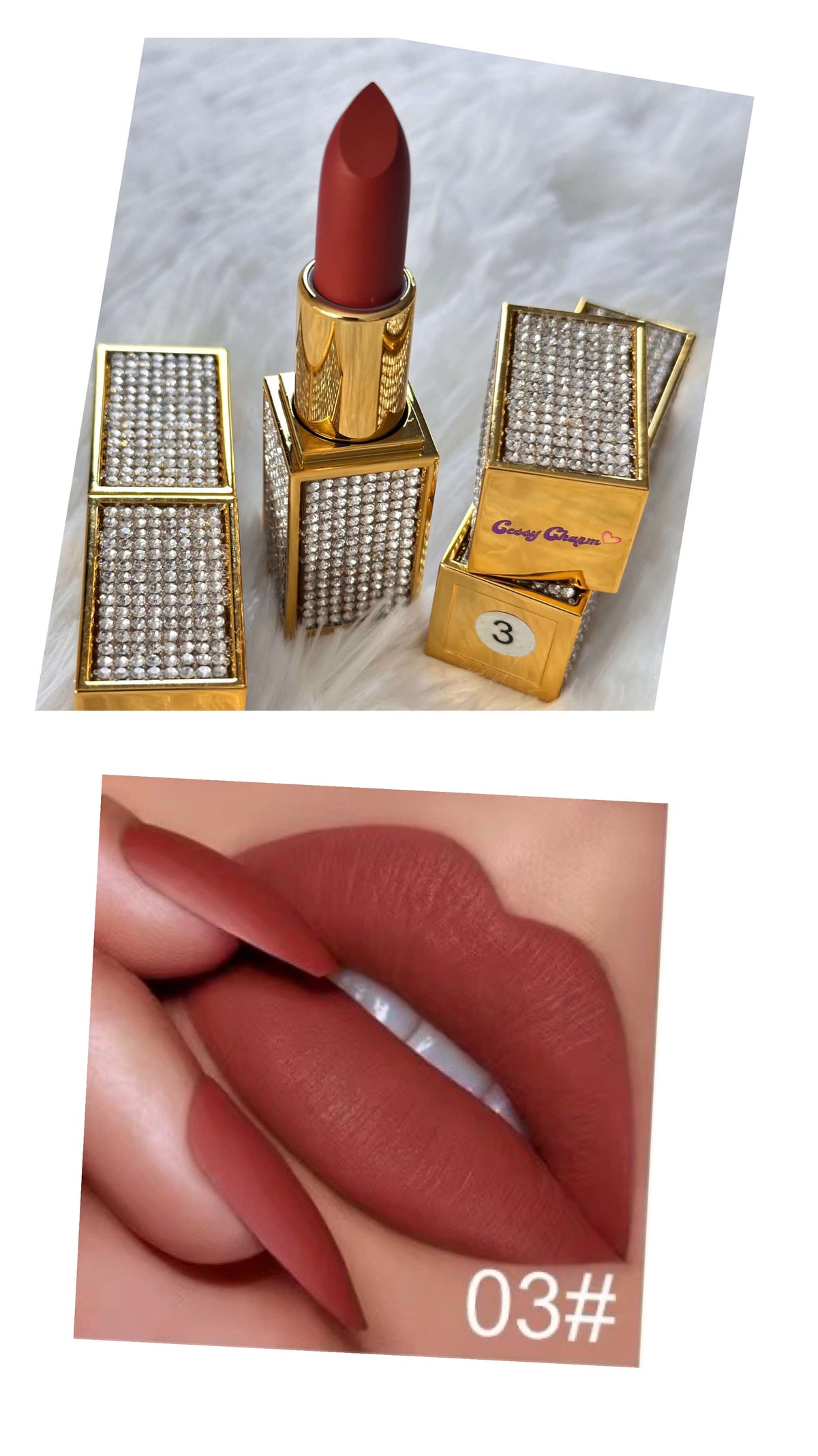 A collage showing a lipstick product and a lip swatch. The top photo shows a gold lipstick tube with a rhinestone-embellished case, open to reveal a muted brick red lipstick bullet, with two closed matching cases beside it on a white faux-fur surface.